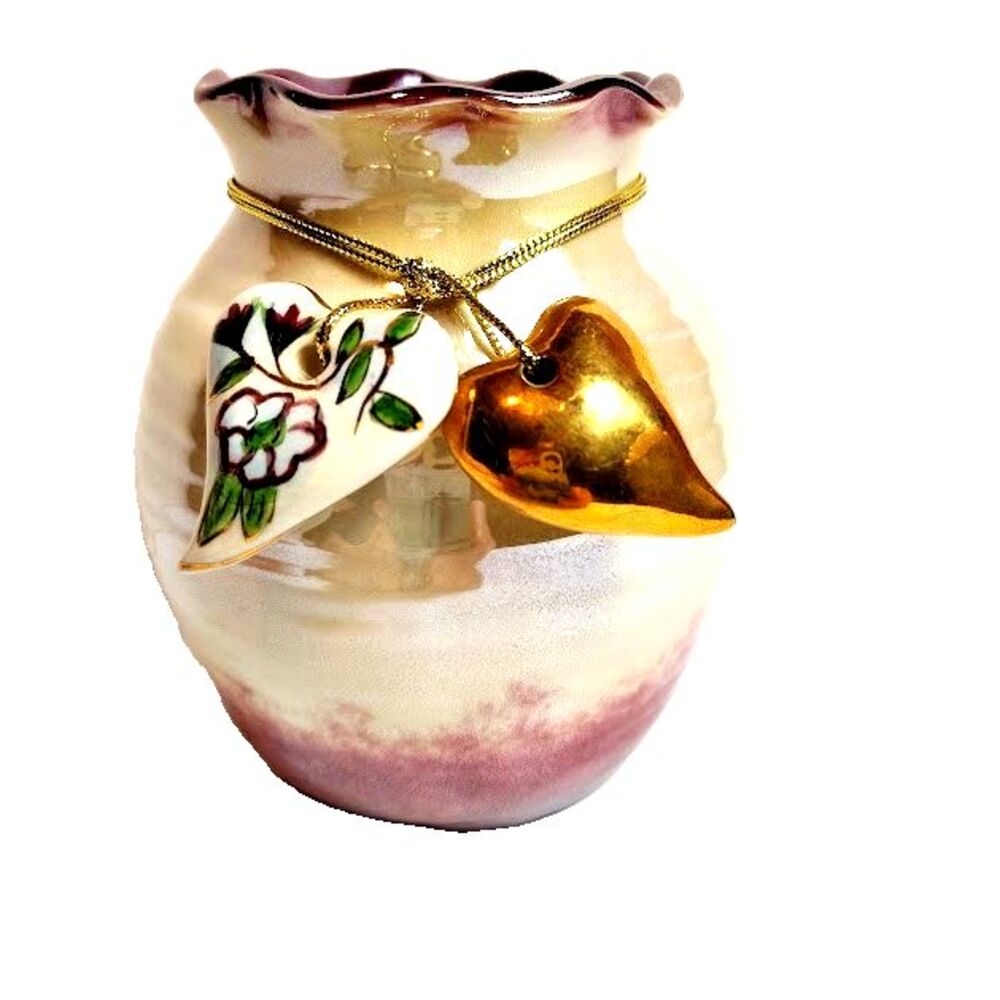 Blue Sky Heather Goldminc Twin Hearts Vase Burgundy Scalloped Iridescent 2001